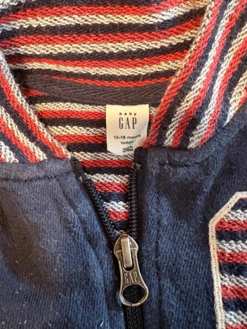 Navy Zip-Up Baby Gap Jacket with Striped Collar and 'G' Patch 12-18 months